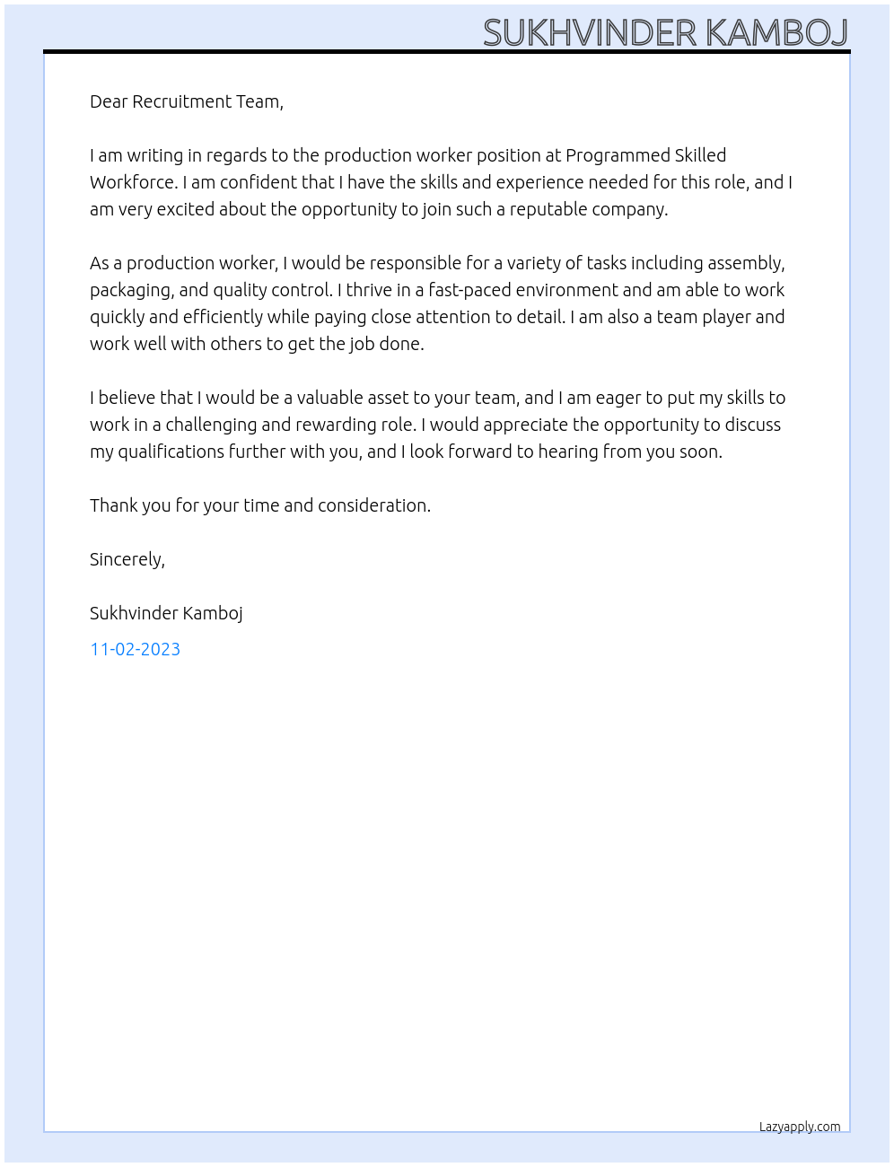 Production Worker At Programmed Skilled Workforce Cover Letter