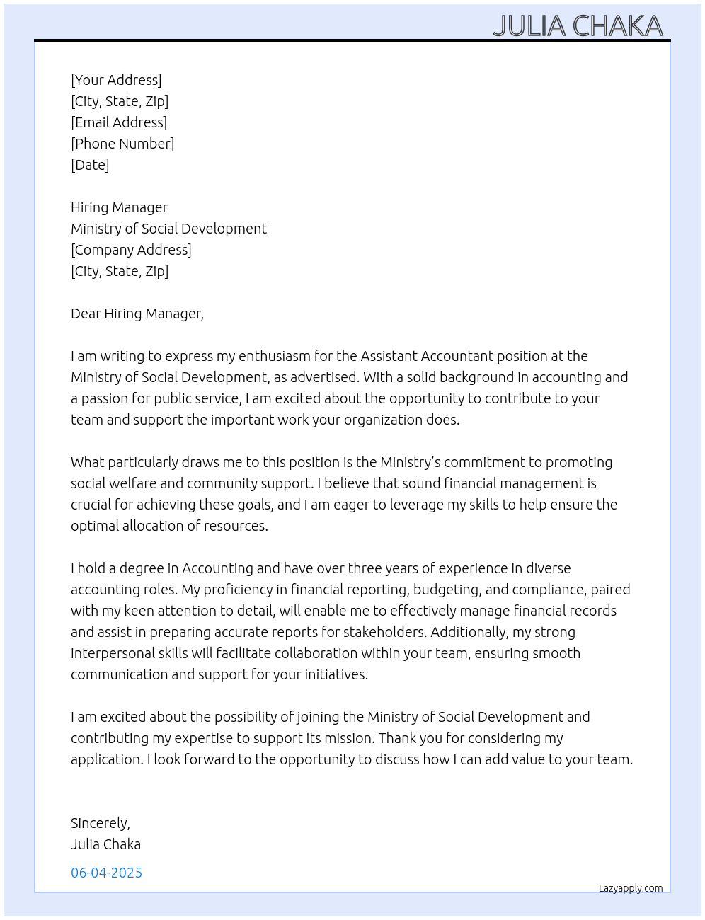 Assistant Accountant At Ministry of social development Cover Letter