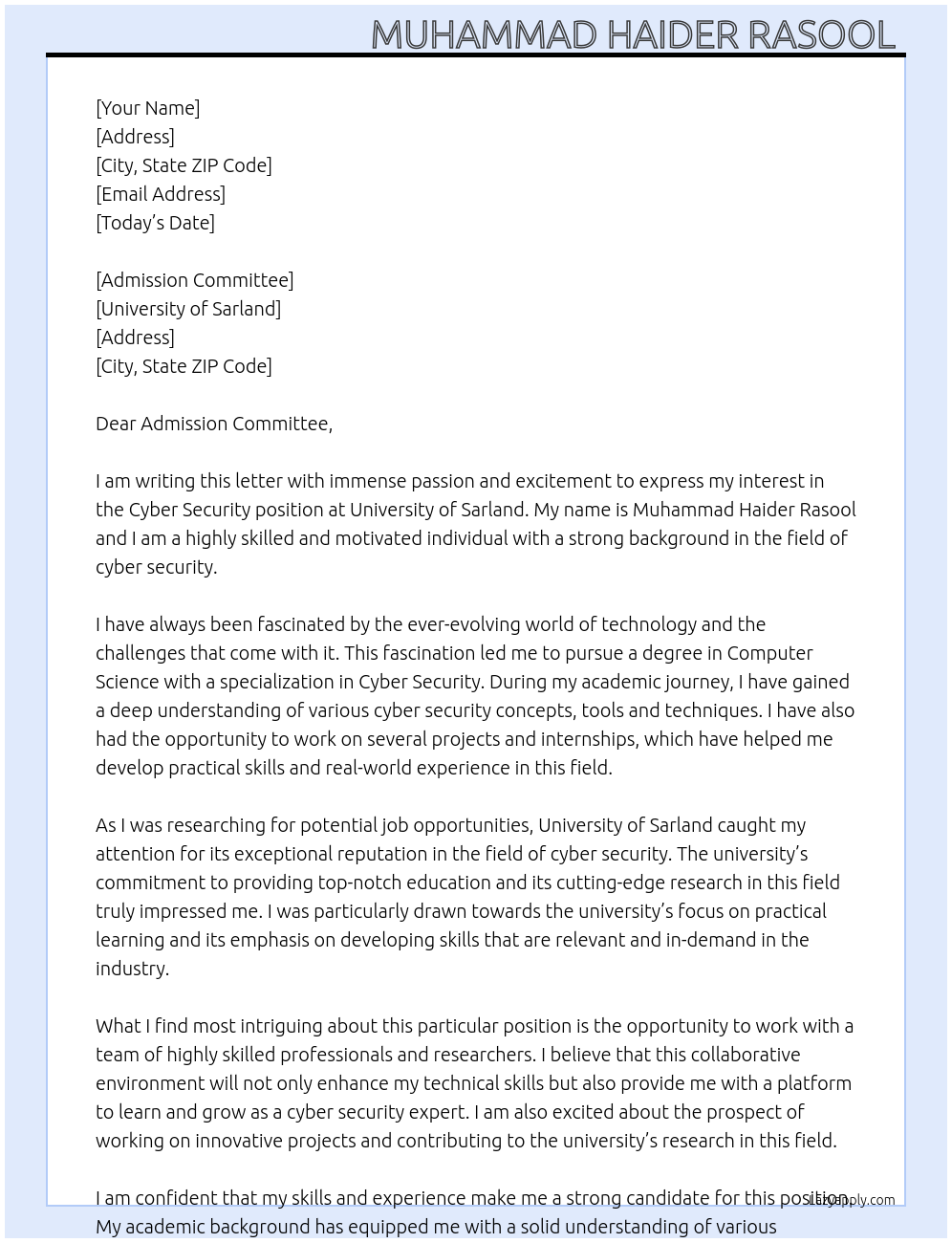 Cyber security At University of sarland Cover Letter