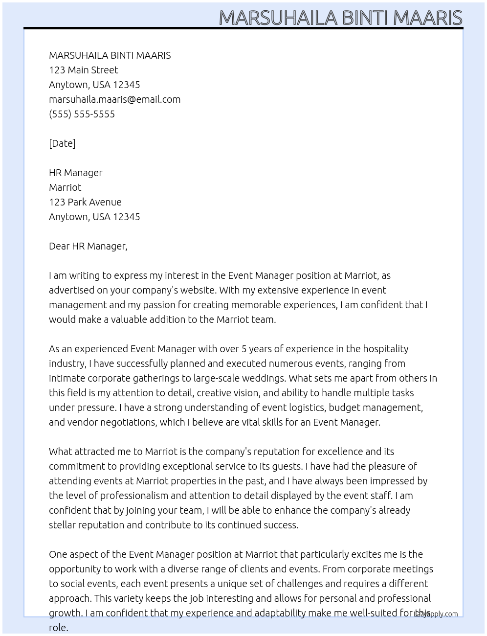 event manager At Marriot Cover Letter