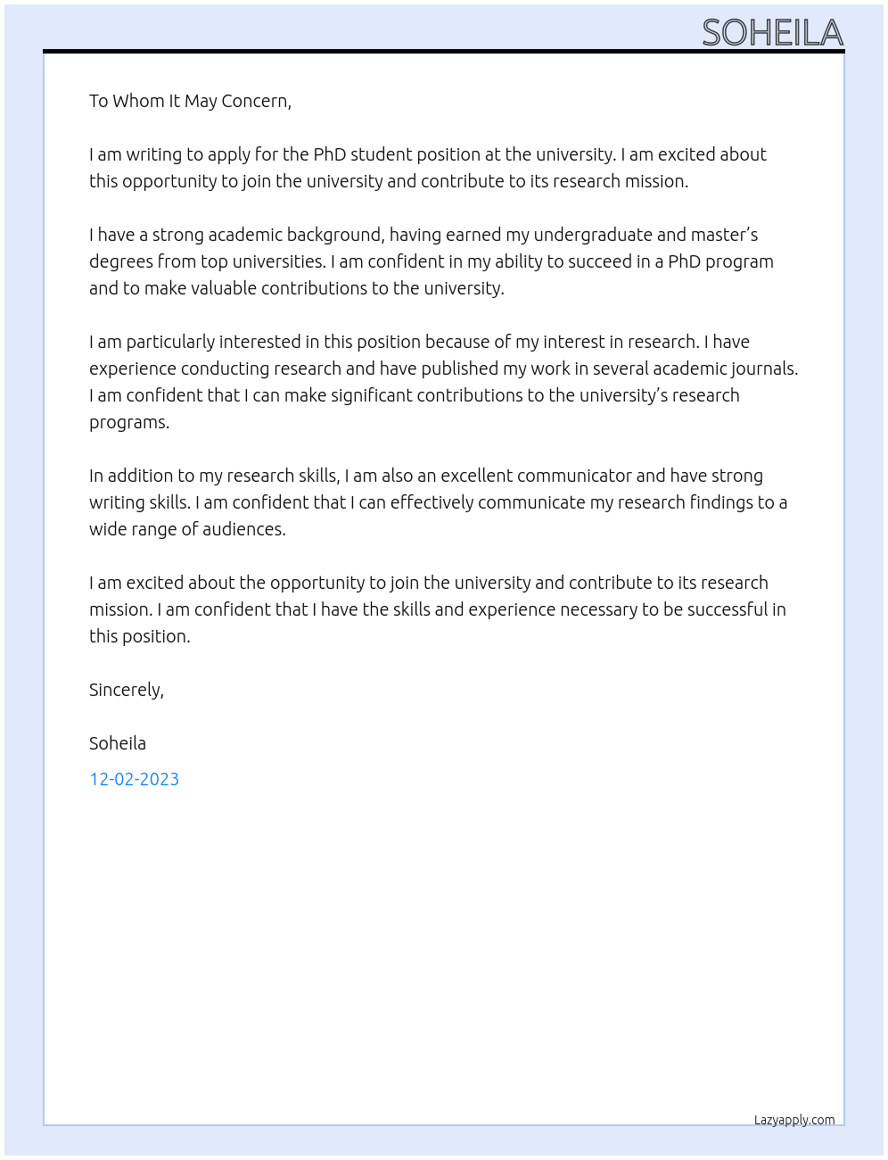 PhD student At university Cover Letter