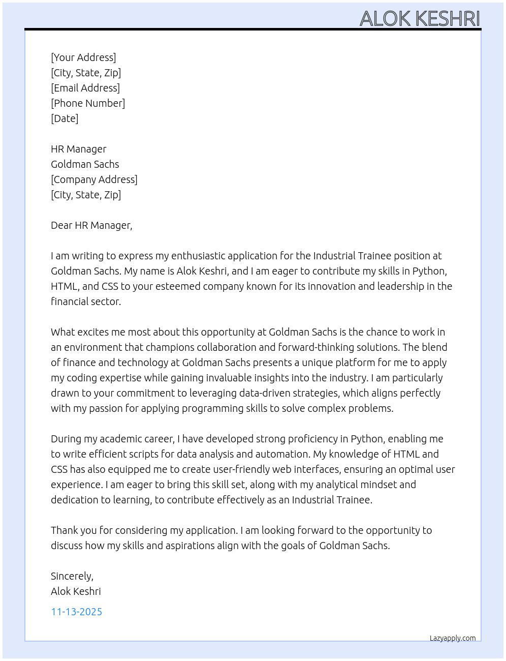 industrial trainee At goldman sachs Cover Letter