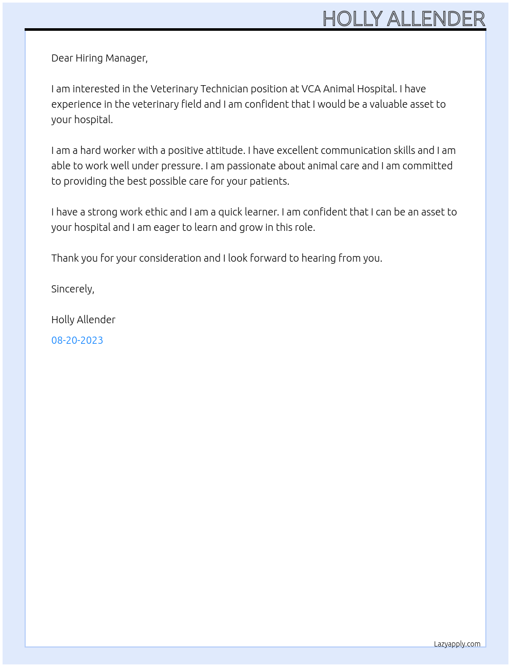 Veterinary Technician At VCA Animal Hospital Cover Letter