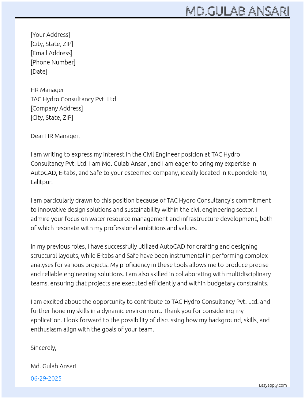 Civil Engineer At TAC Hydro Consultancy Pvt.Ltd Cover Letter