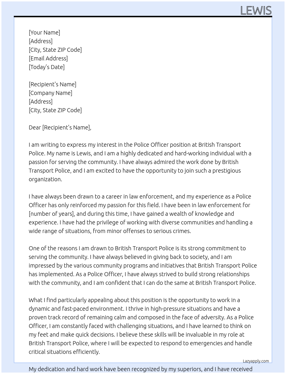 Police officer At British transport police Cover Letter