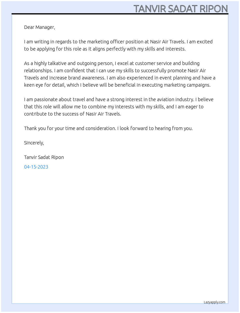 marketing officer At nasir air travels Cover Letter