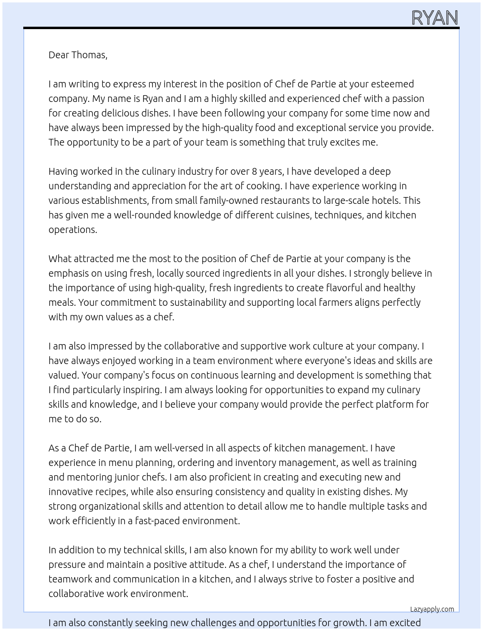 Chef de Partie At Thomas Cover Letter