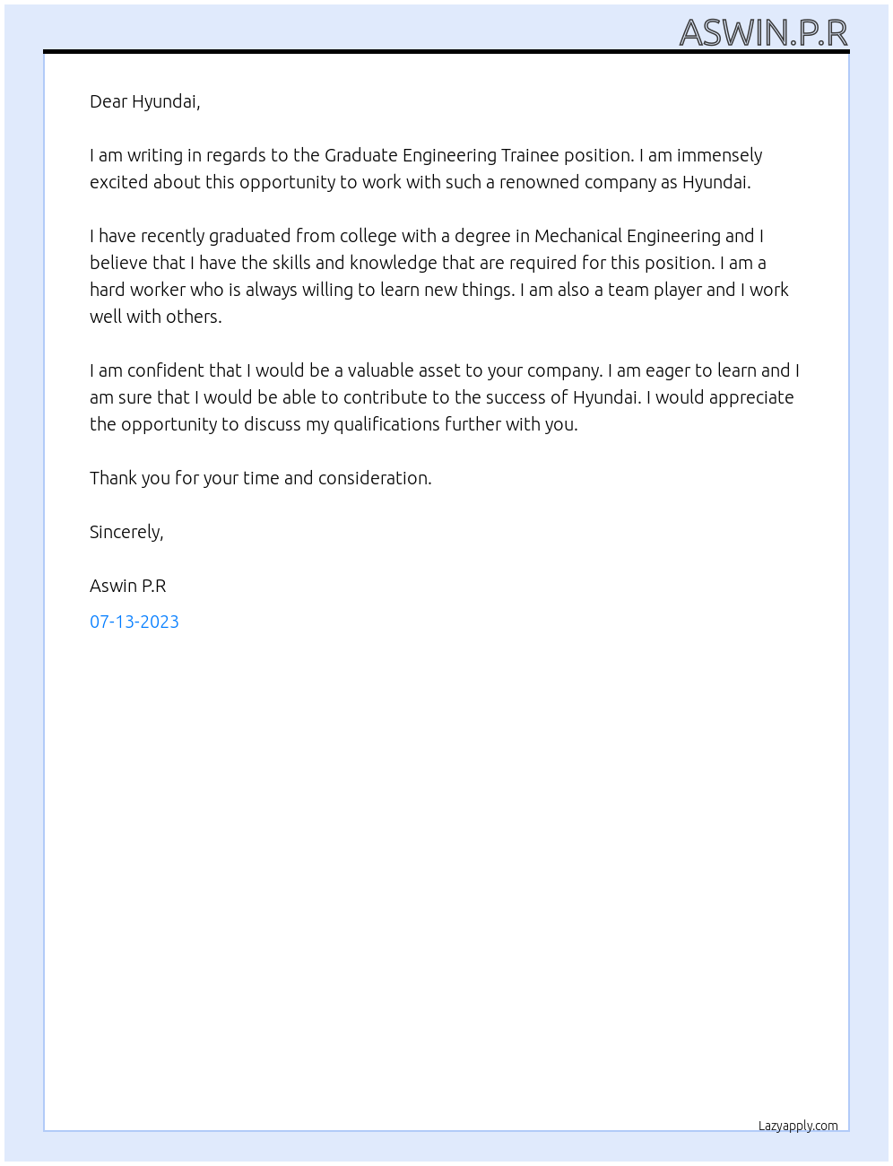GRADUATE ENGINEERING TRAINEE At Hyundai Cover Letter