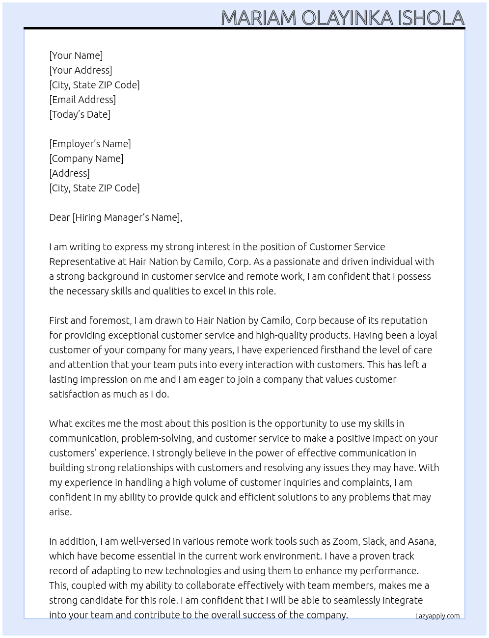 Customer Service Representive At HAIR NATION BY CAMILO, CORP Cover Letter