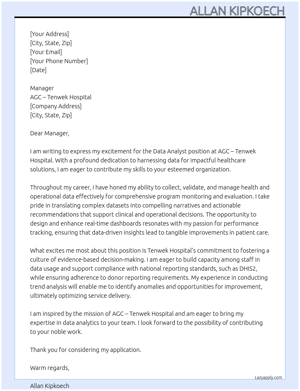 DATA ANALYST At AGC – Tenwek Hospital Cover Letter