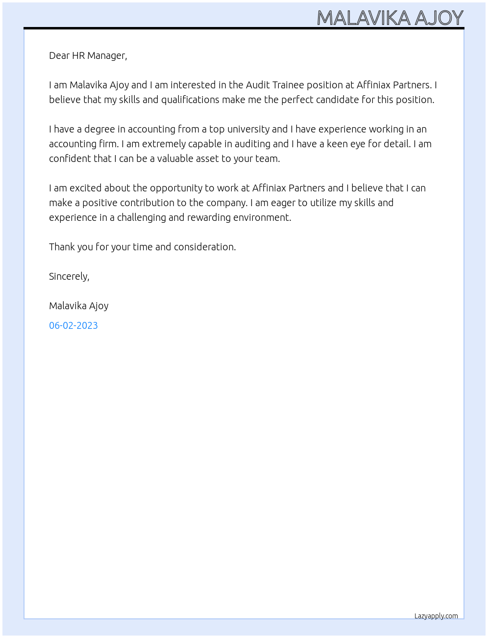 Audit trainee At affiniax partners Cover Letter