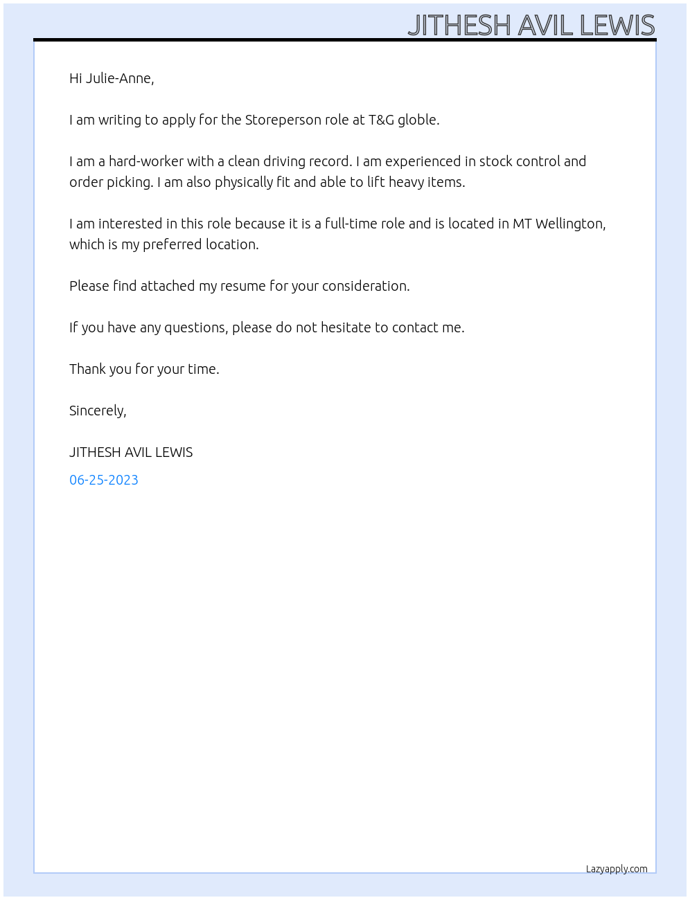 Storeperson At T&G globle Cover Letter