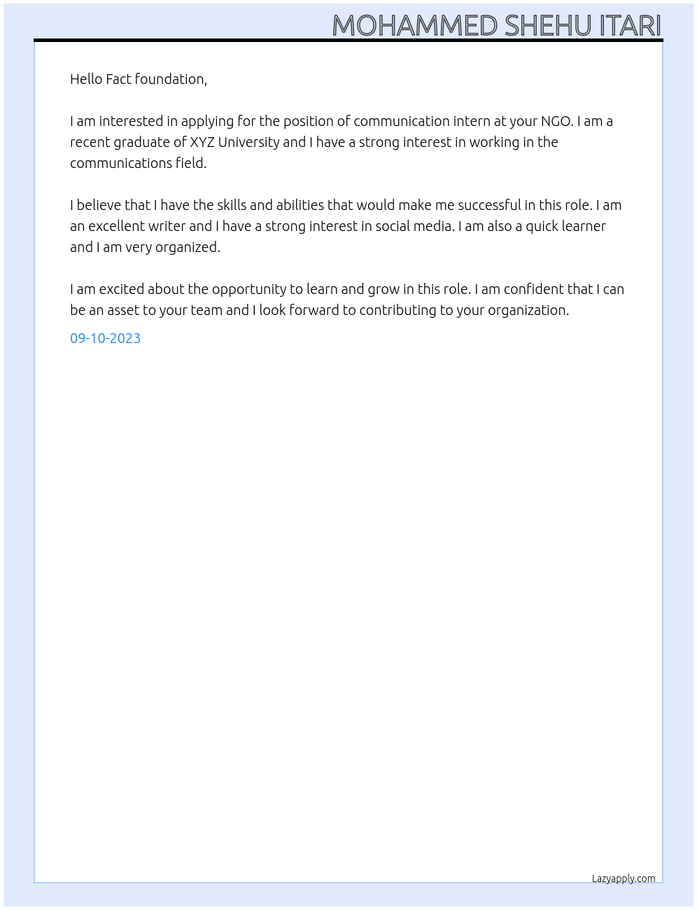 Communication intern At NGO Cover Letter