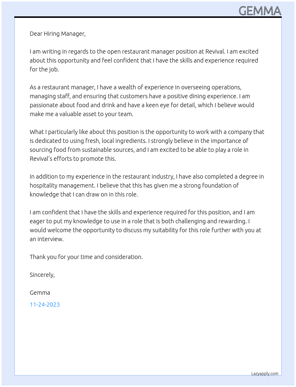 Restaurant manager At Revival Cover Letter