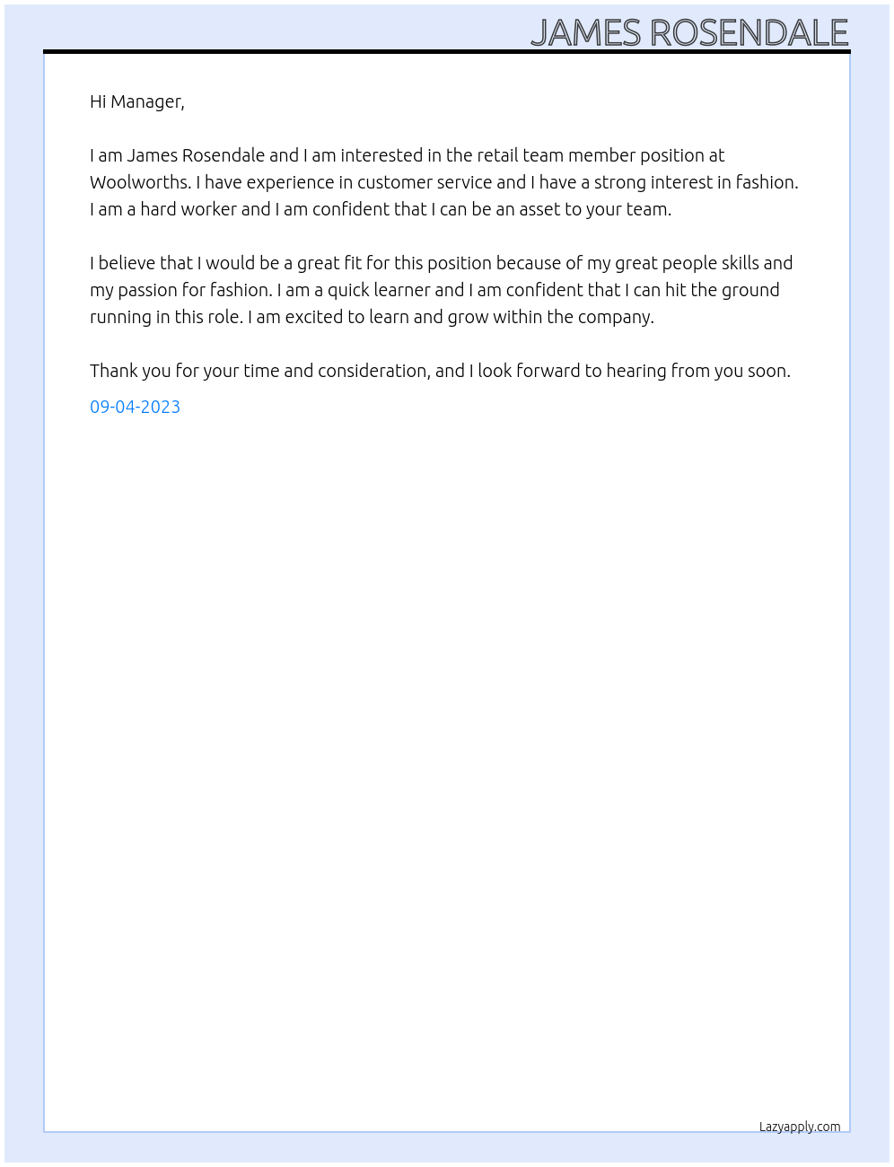 retail team member At Woolworths Cover Letter