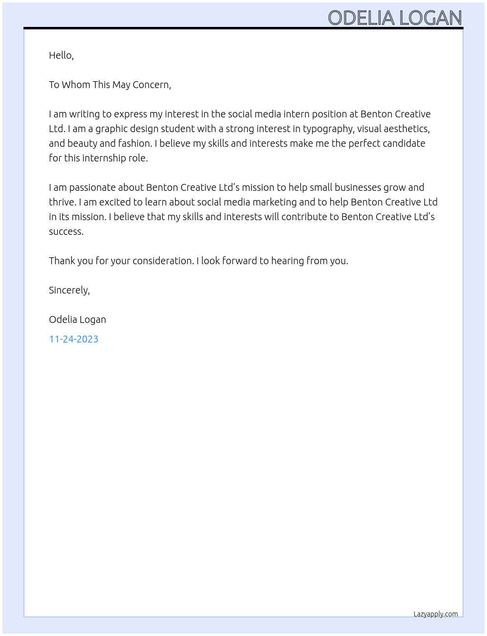 social media intern At Benton Creative Ltd Cover Letter