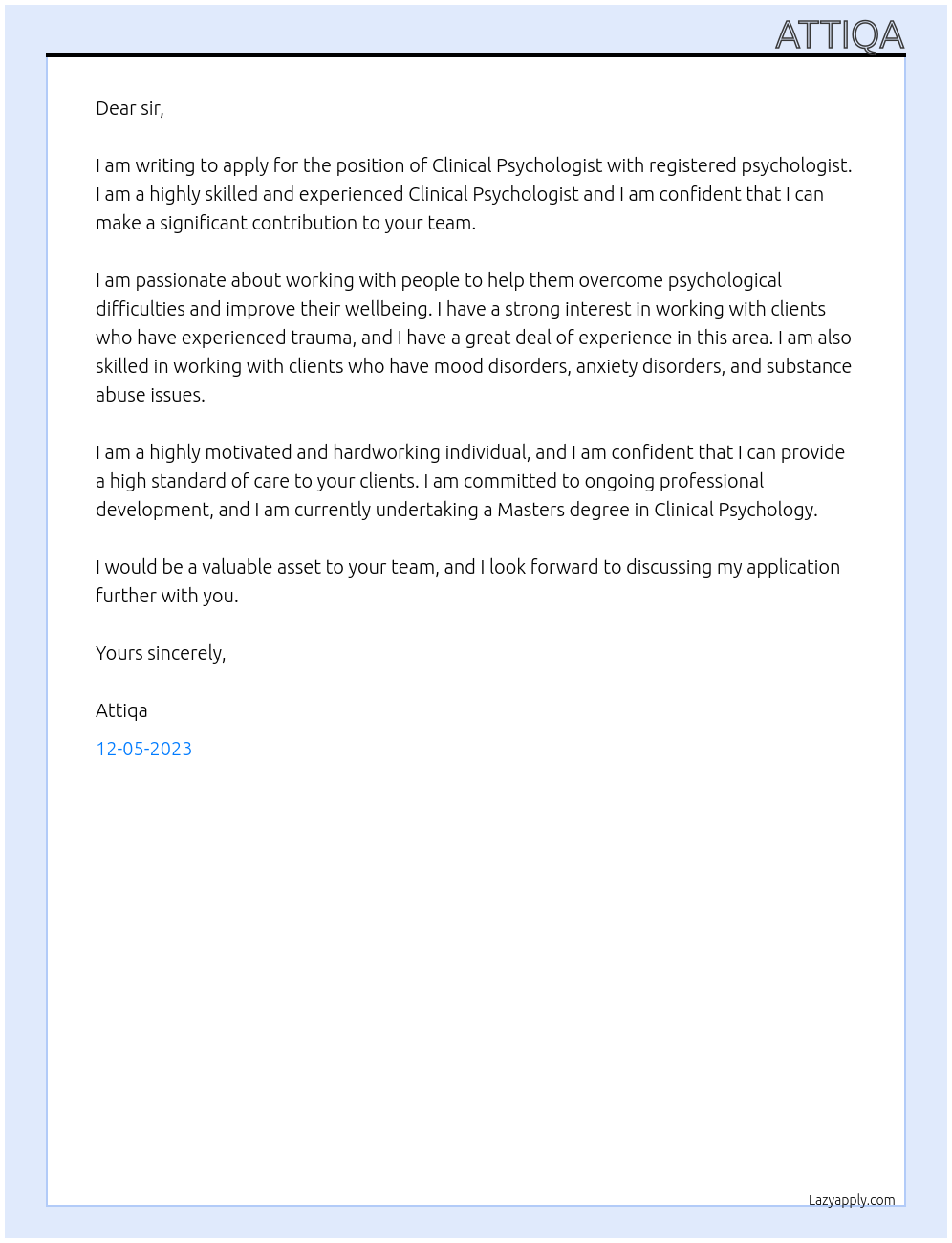 Clinical Psychologist At registered psychologist  Cover Letter