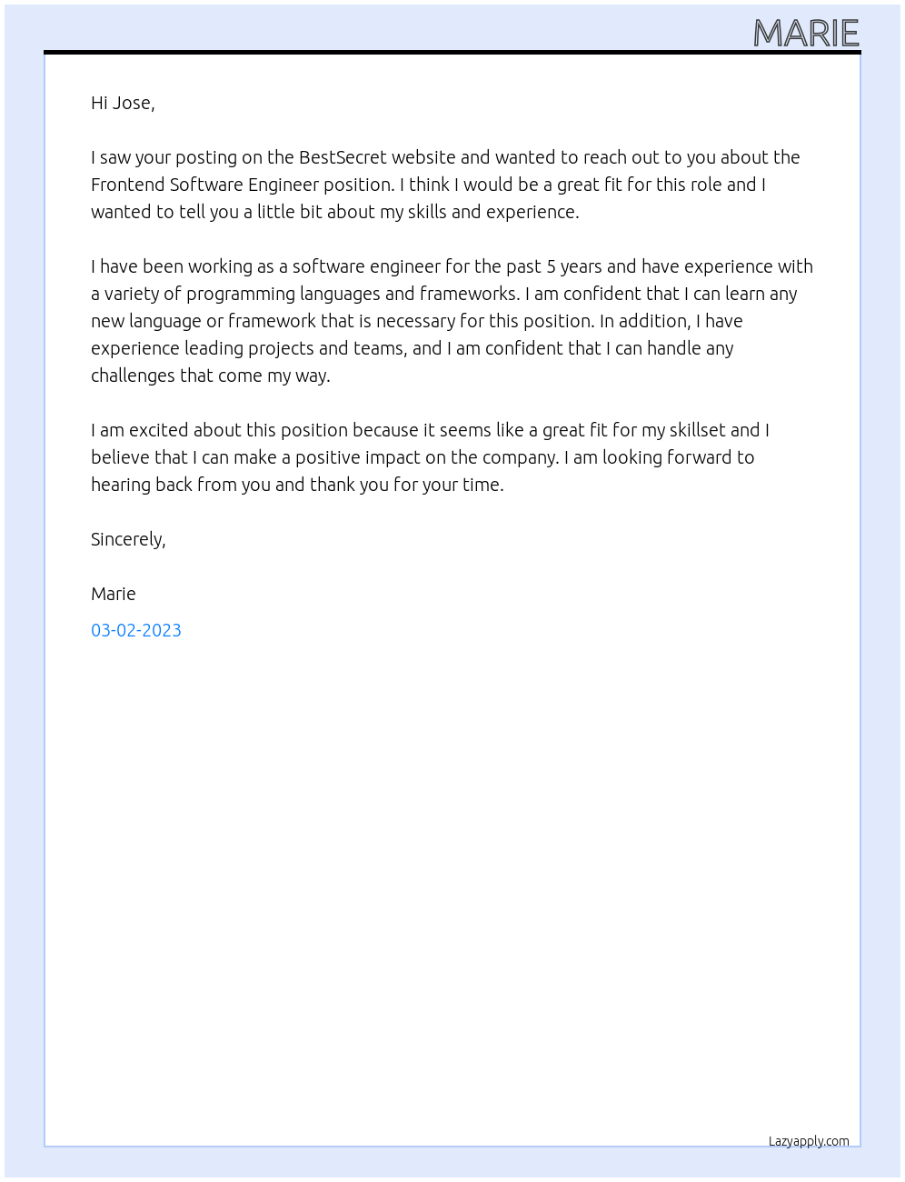 Frontend Software Engineer At BestSecret Cover Letter