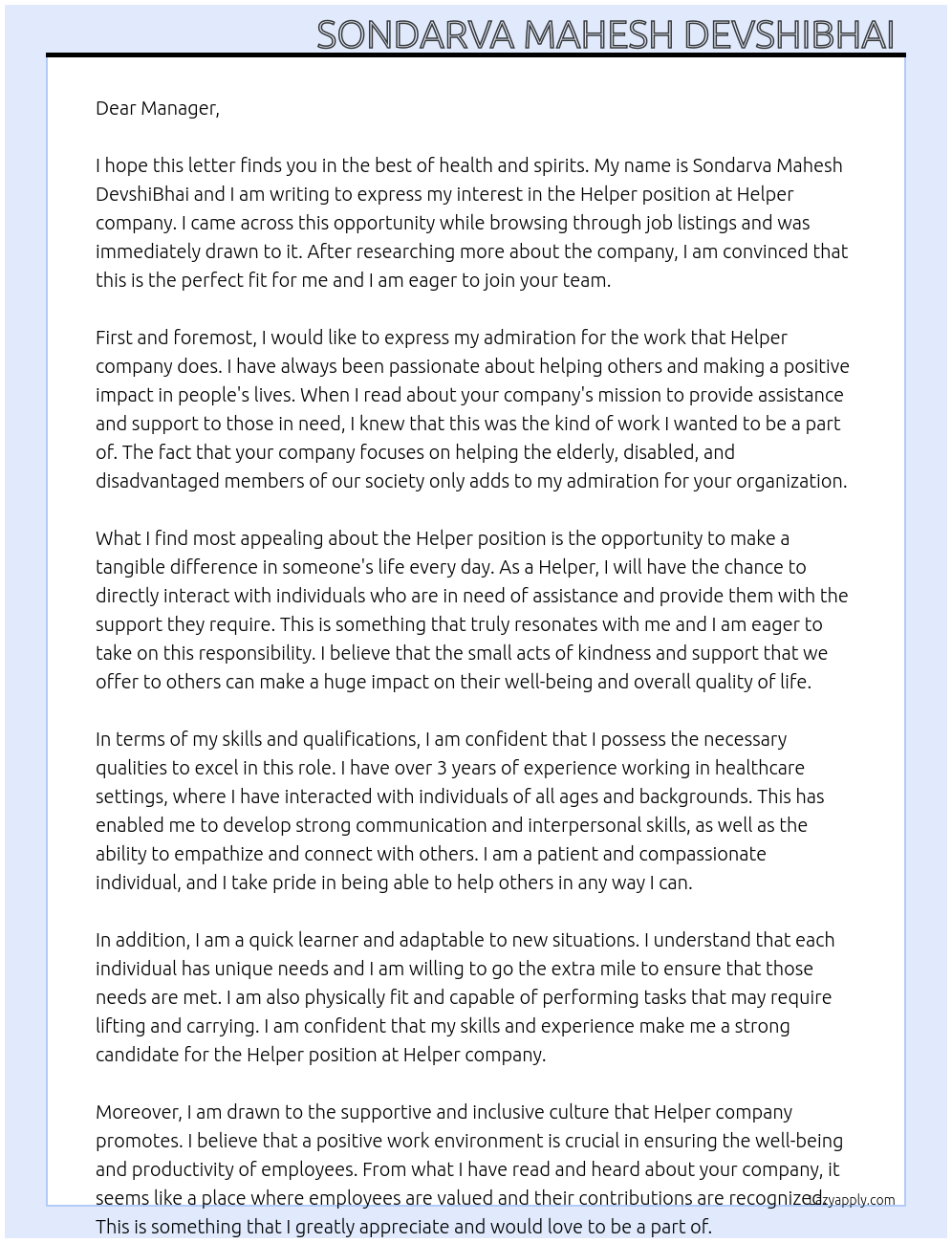 Helper  At Helper  Cover Letter