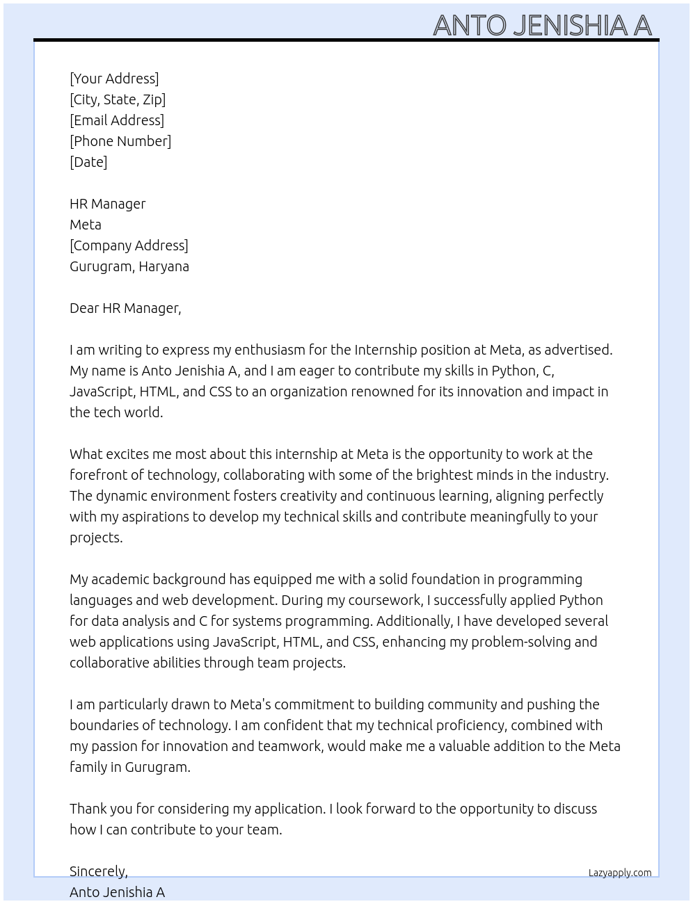 Intern At Meta Cover Letter