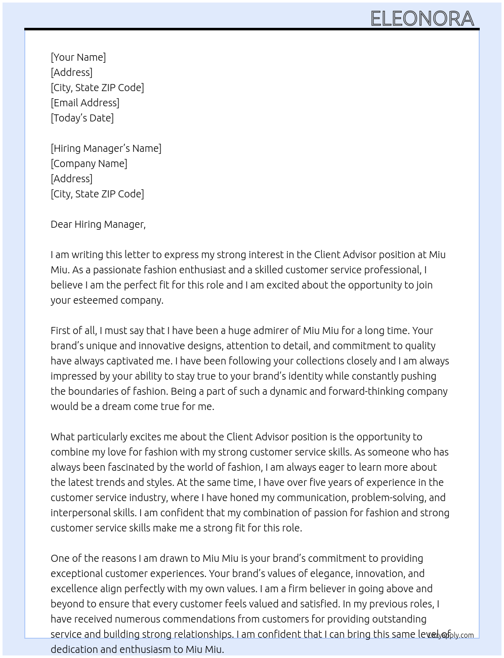 Client Advisor At Miu Miu Cover Letter