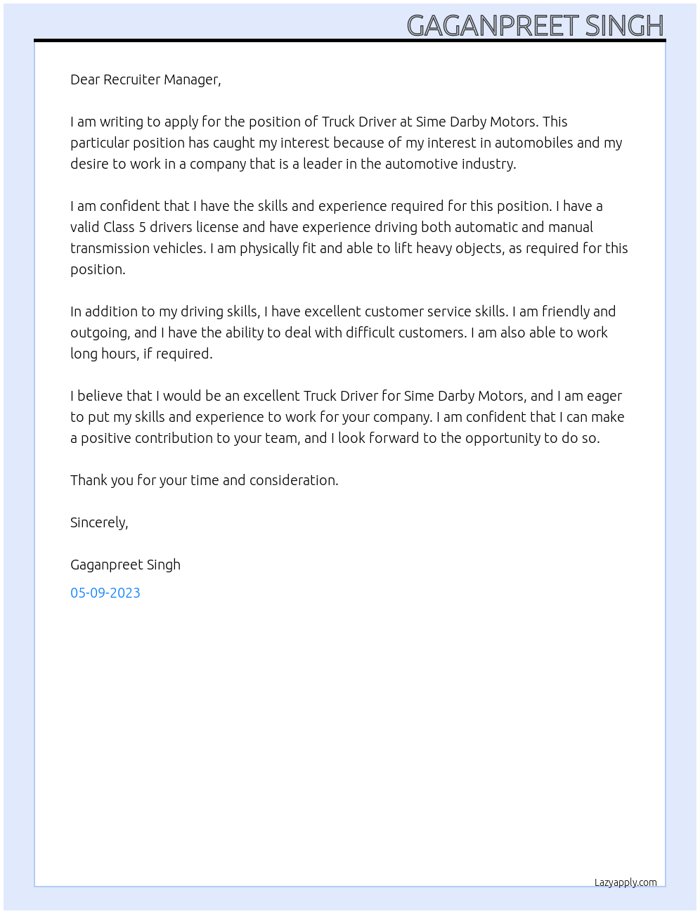 Truck driver At sime darby Motors Cover Letter