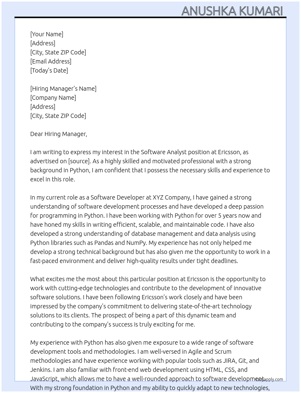 Software Analyst At Ericsson Cover Letter