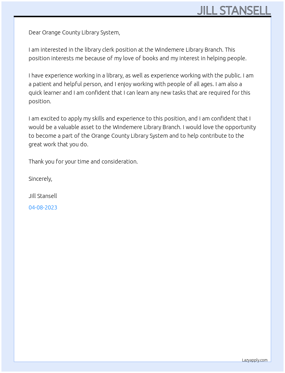 library clerk At Orange County Library System Cover Letter