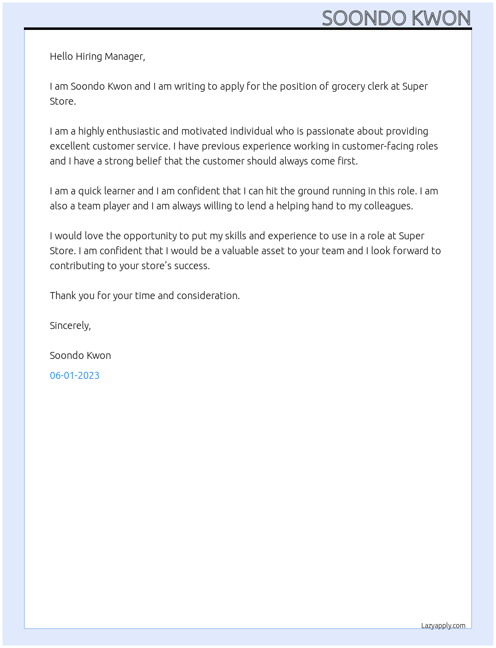 grocery clerk At Super Store Cover Letter