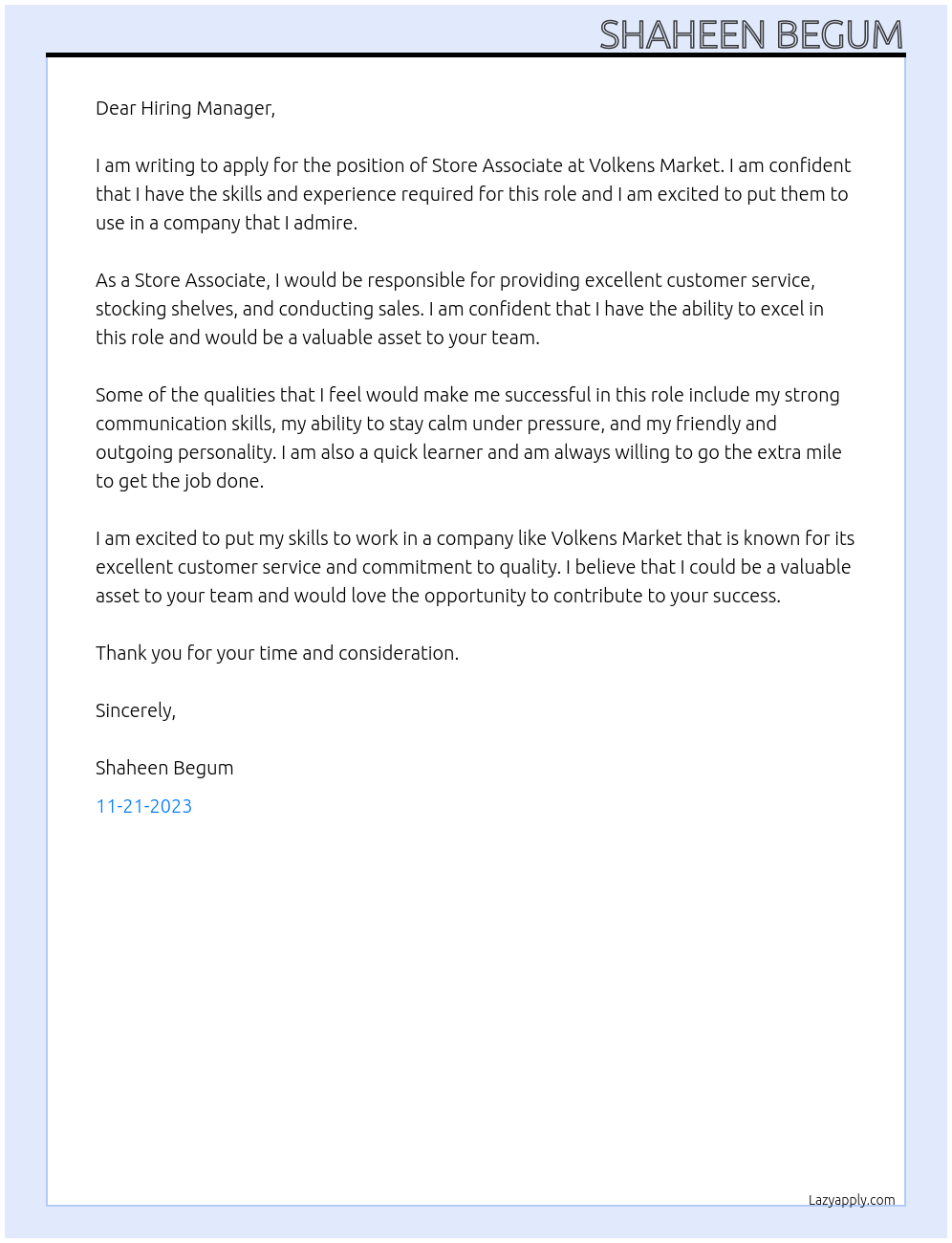 Store Associate At Volkens Market Cover Letter