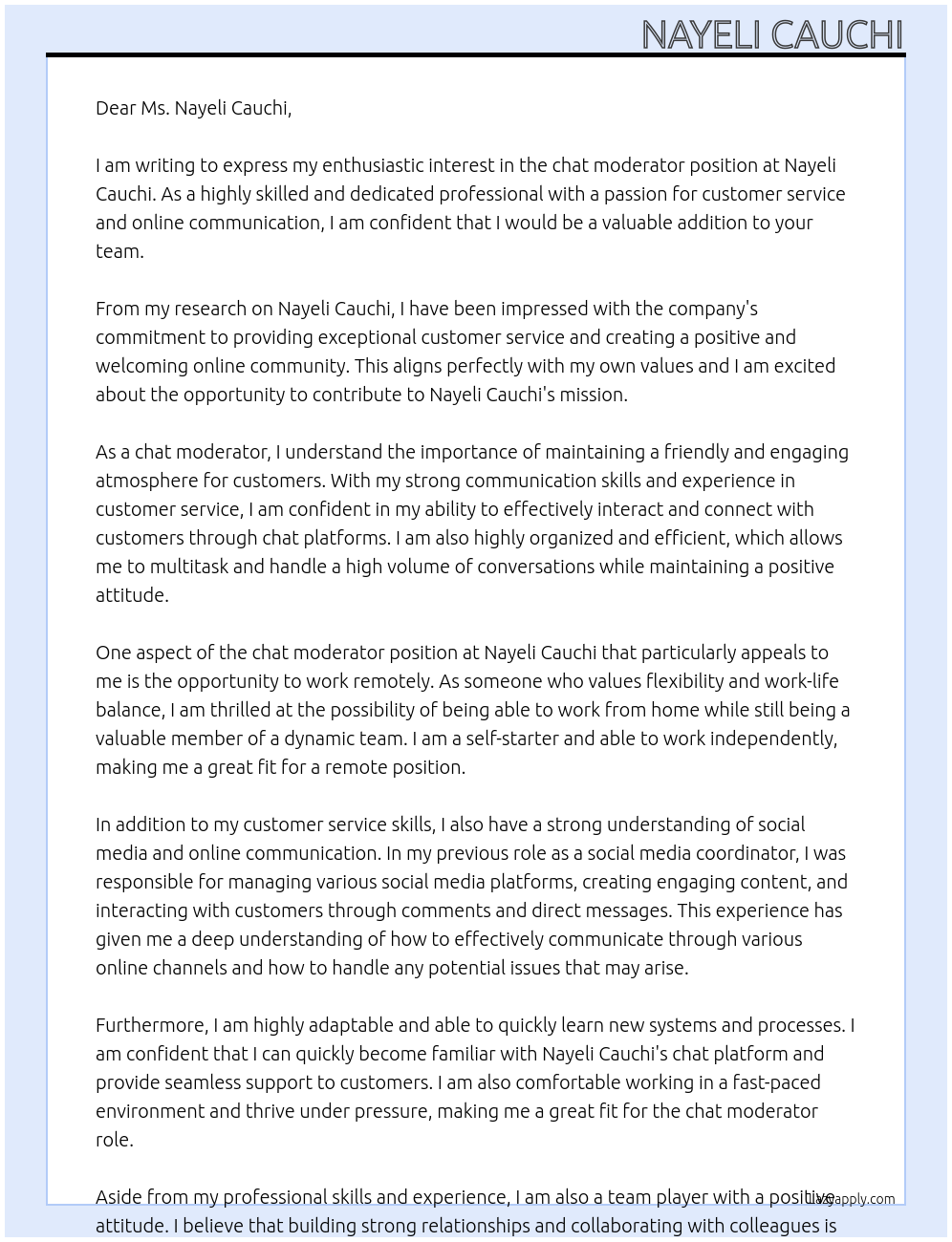 chat moderator At Nayeli Cauchi Cover Letter