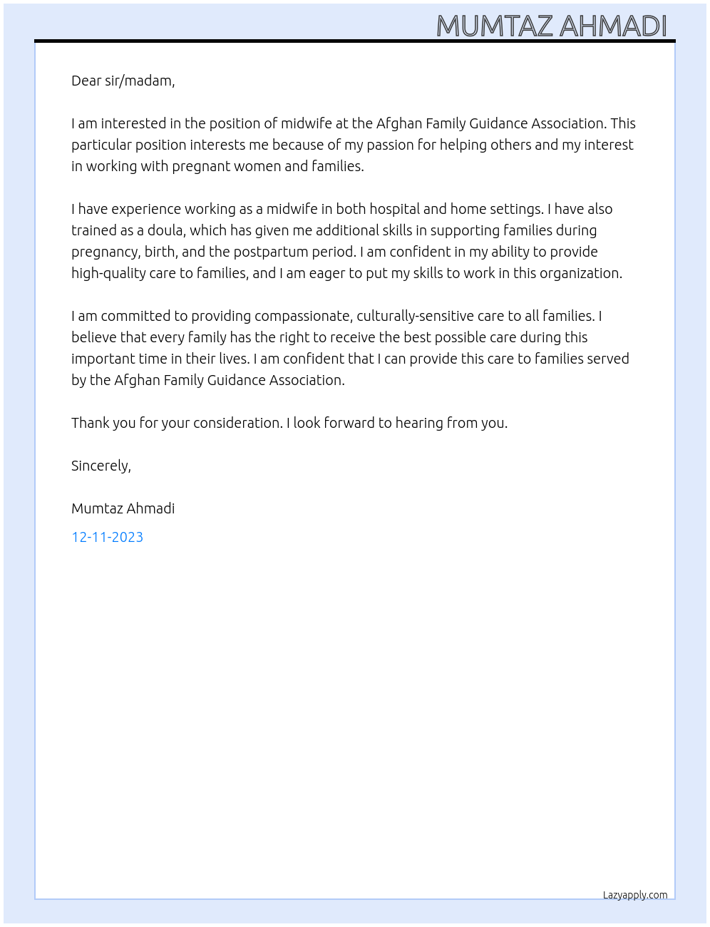 Midwife  At Afghan Family Guidance Association Cover Letter