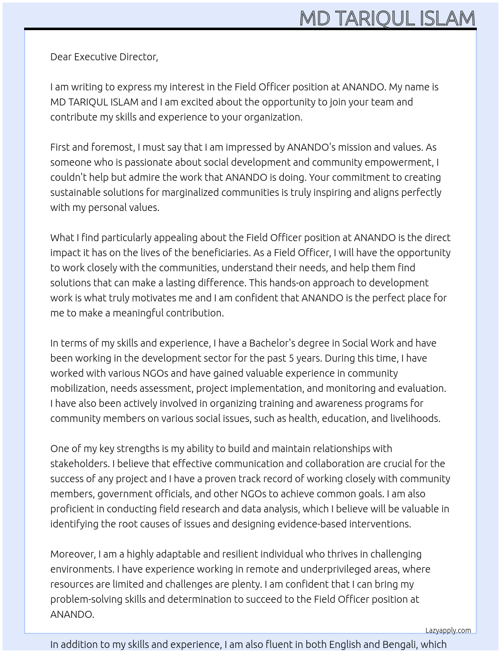 Field Officer At ANANDO Cover Letter