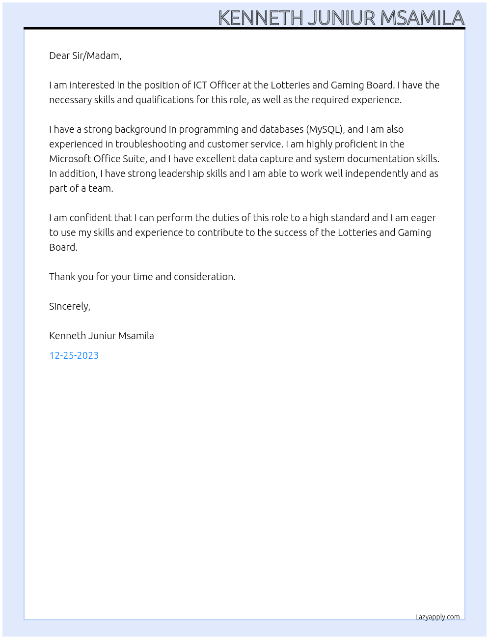 ICT Officer At Lotteries and Gaming Board Cover Letter