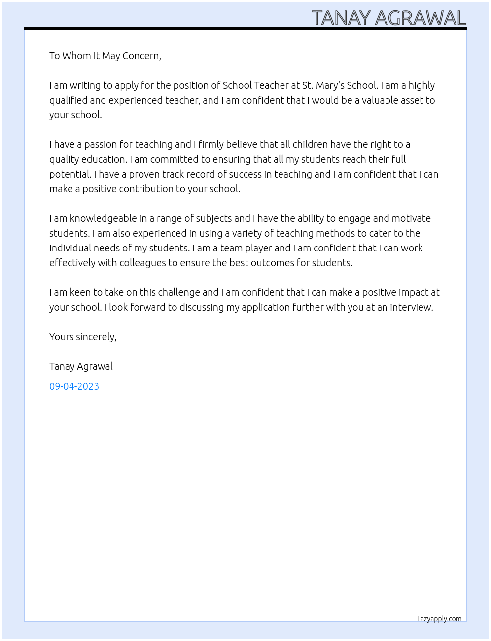 School Teacher At St.Mary's School Cover Letter
