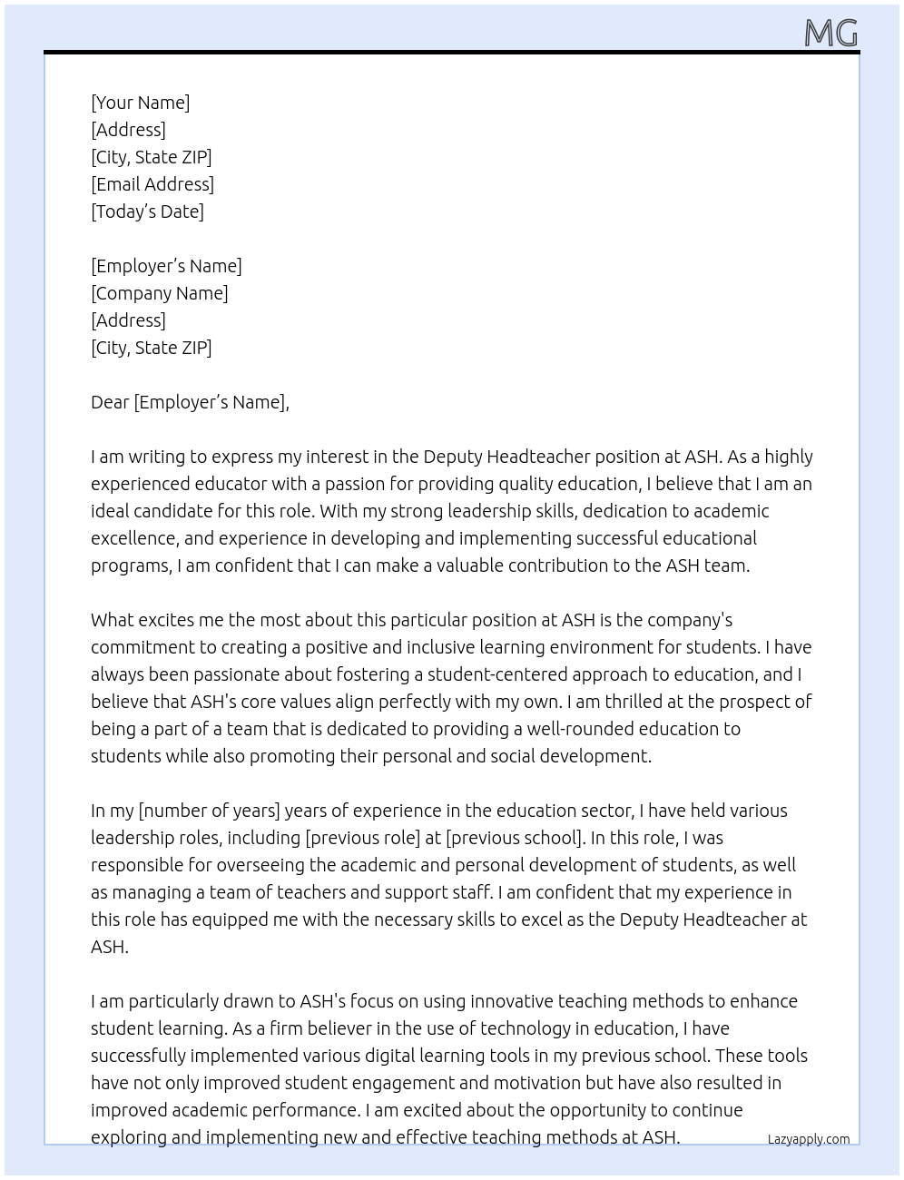 Deputy headteacher At ASH Cover Letter