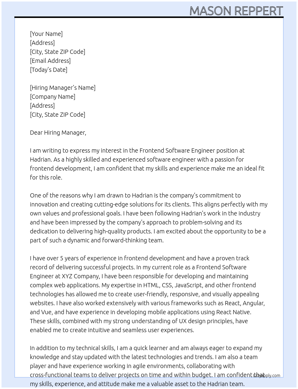 Frontend Software Engineer At Hadrian Cover Letter
