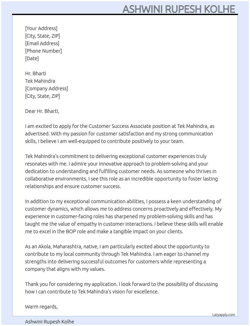 Customer success associate  At Tek Mahindra  Cover Letter