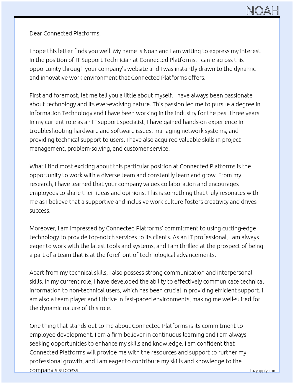 IT Support Technician At Connected Platforms Cover Letter