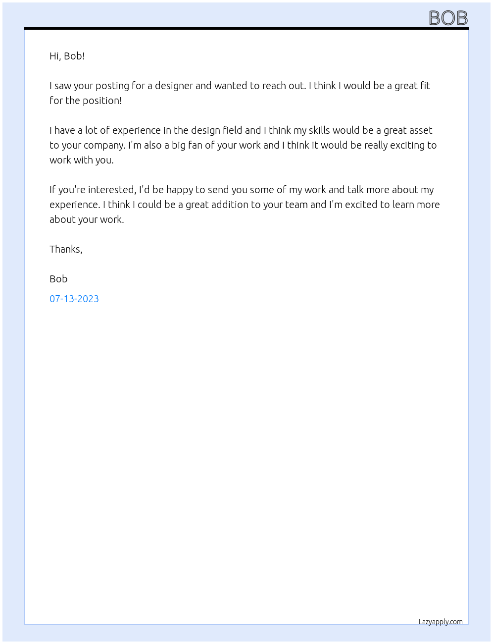 Designer At bob Cover Letter