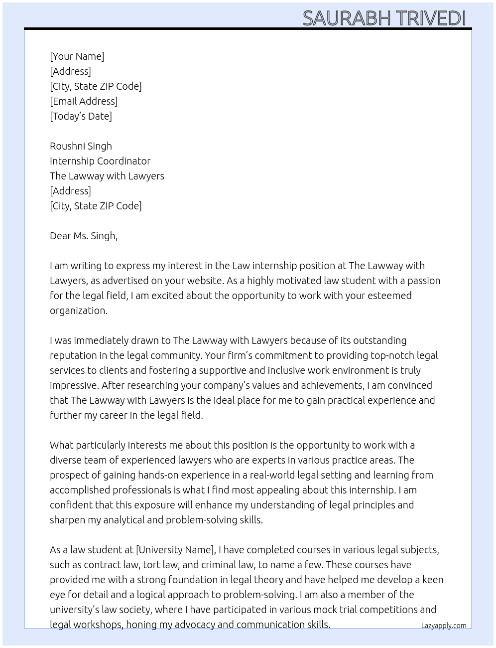 Law internship At The lawway with lawyers Cover Letter