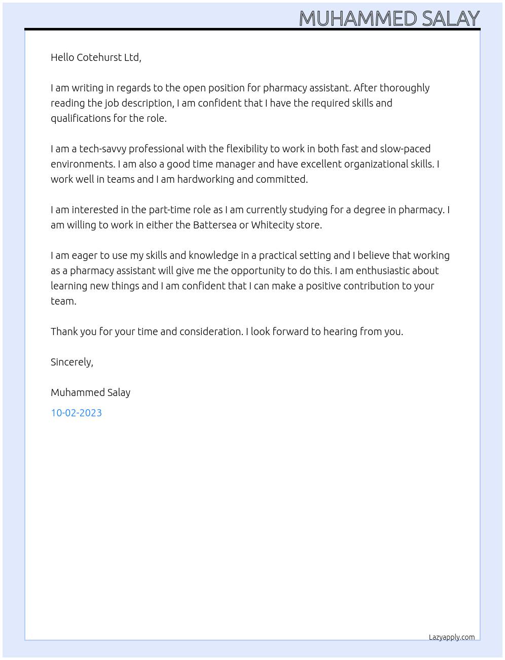 Pharmacy Assistant At Cotehurst Ltd Cover Letter