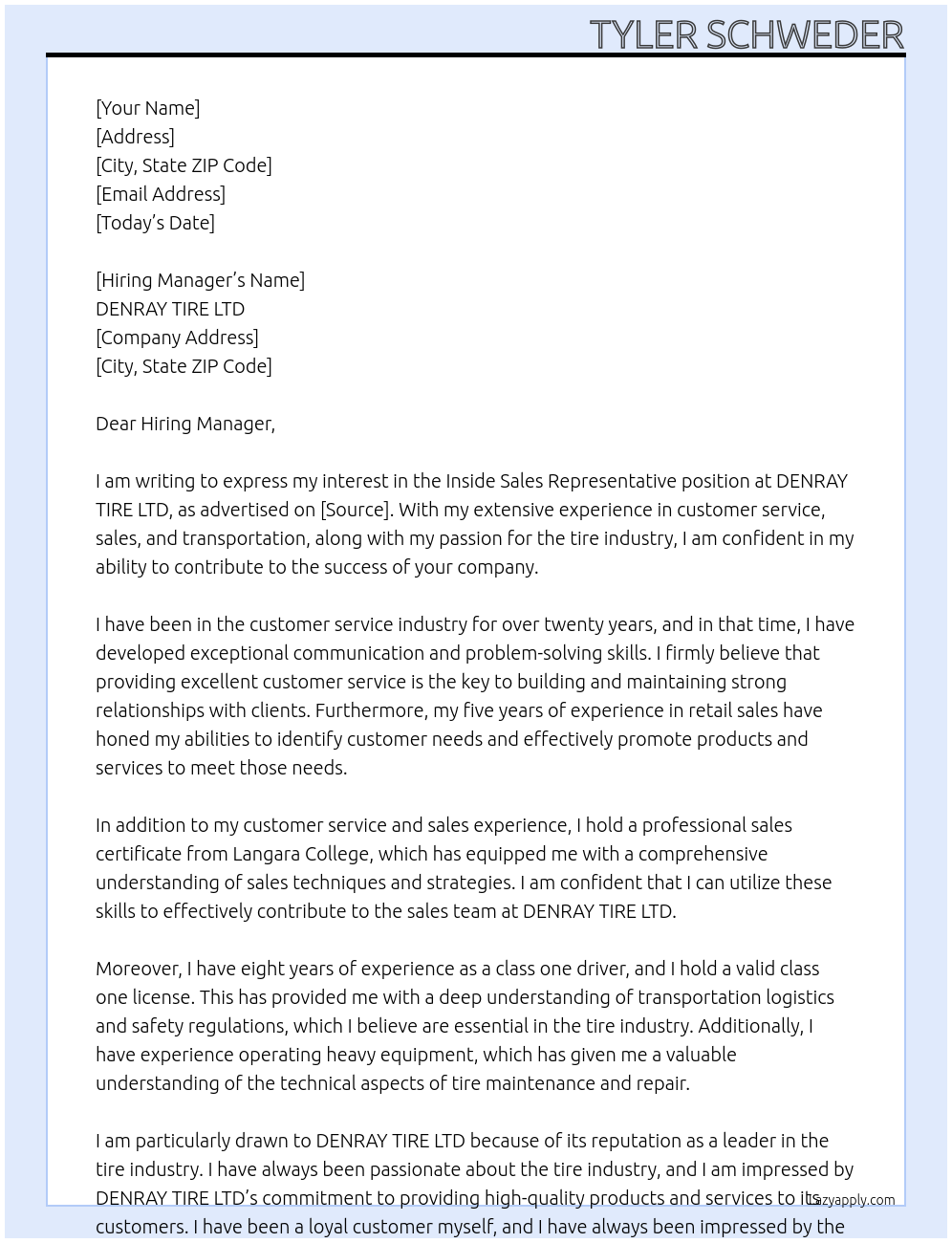 Inside Sales Representative At DENRAY TIRE LTD Cover Letter