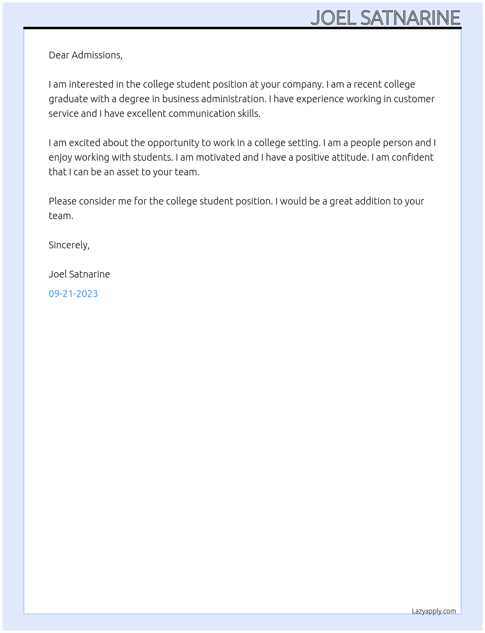 college student At college Cover Letter