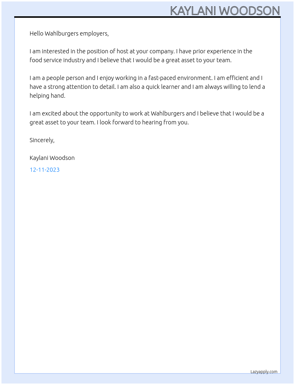 Host At Wahlburgers Cover Letter