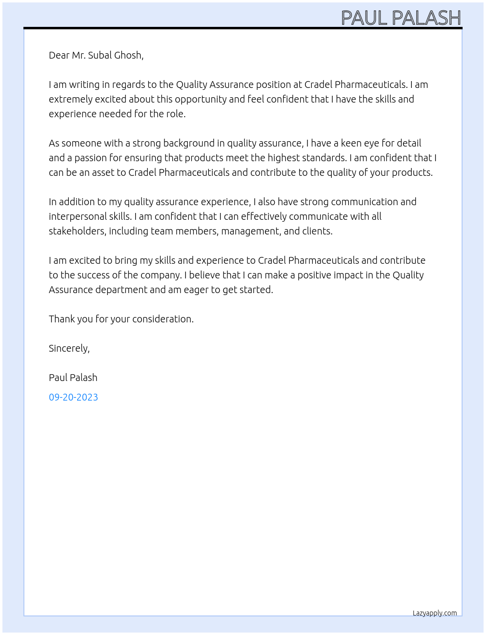 Quality Assurance At Cradel Pharmaceuticals  Cover Letter