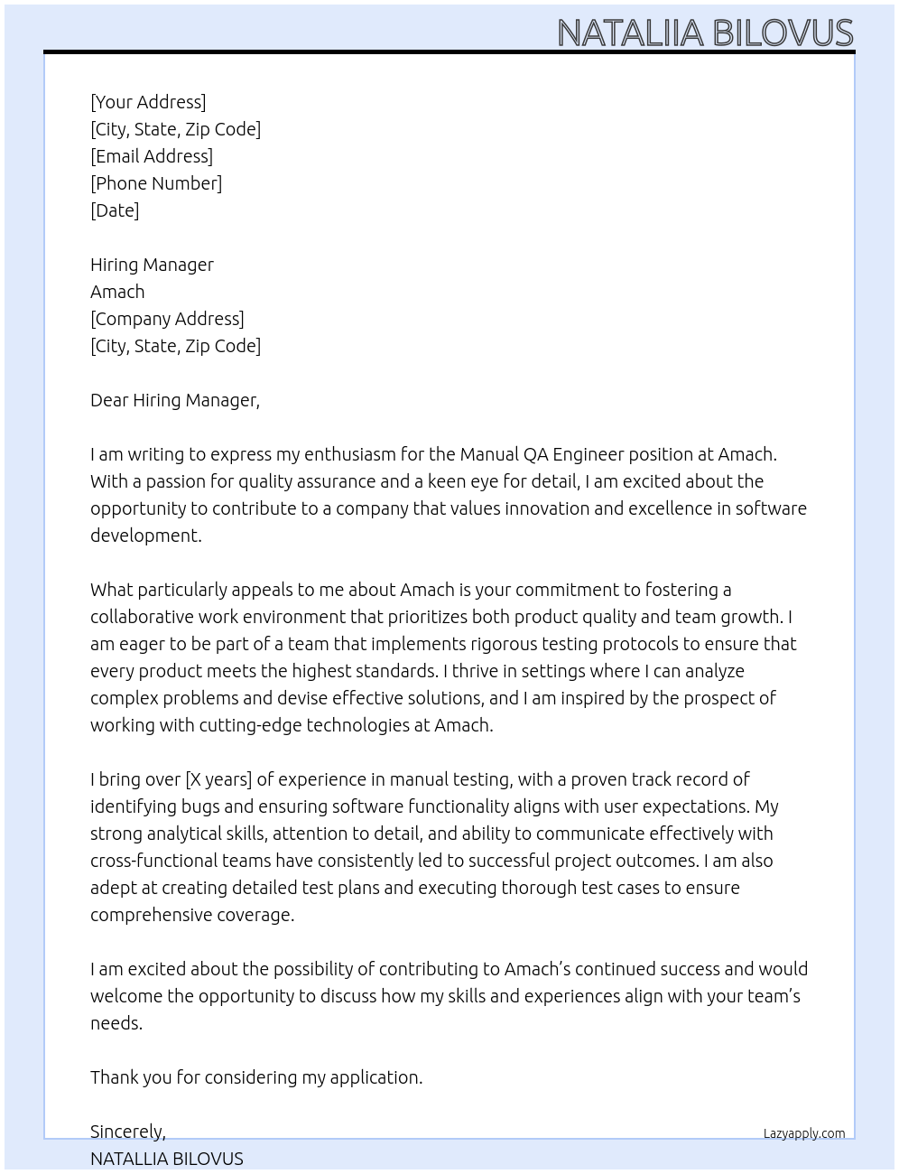 Cover letter for manual qa engineer - LazyApply