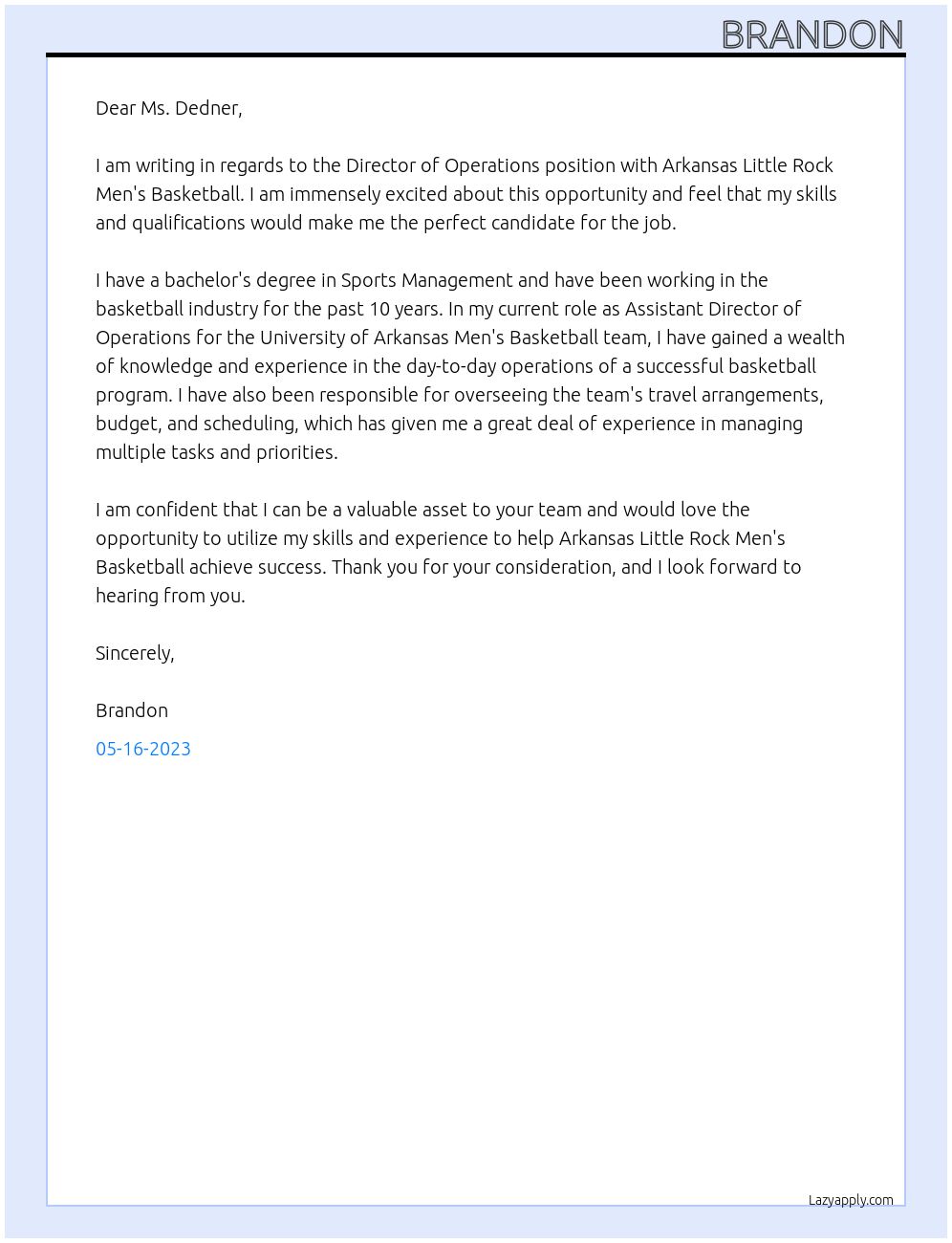 Director of Operations At Arkansas Little Rock Men's Basketball Cover Letter