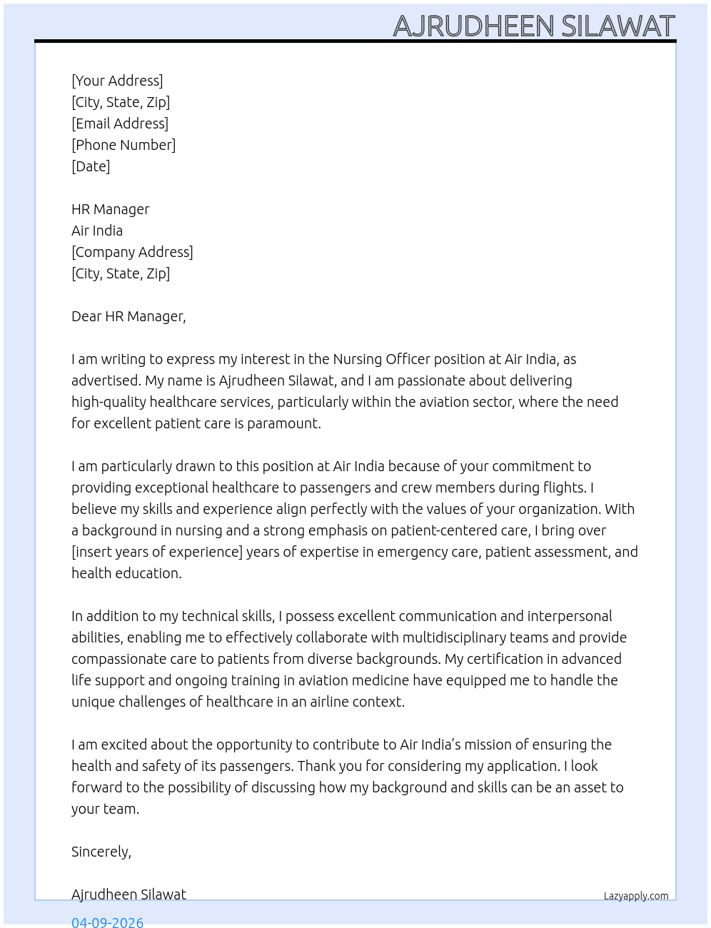 NURSING OFFICER At AIR INDIA Cover Letter