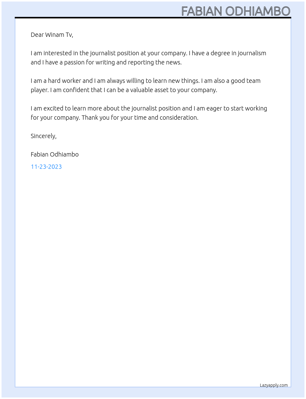 Journalist At Winam Tv Cover Letter